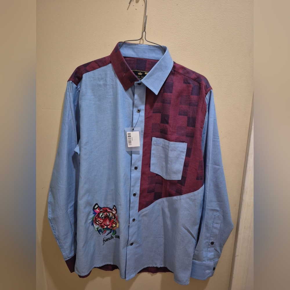 Blue and Burgundy Button-Up Shirt with Embroidery Excellent Quality Cotton